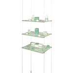 Toughened glass shelves suspended between ceiling and floor